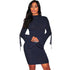 Navy Blue Ribbed Knit Mock Neck Lace Up Bell Sleeves Dress #Mini Dress #Navy Blue